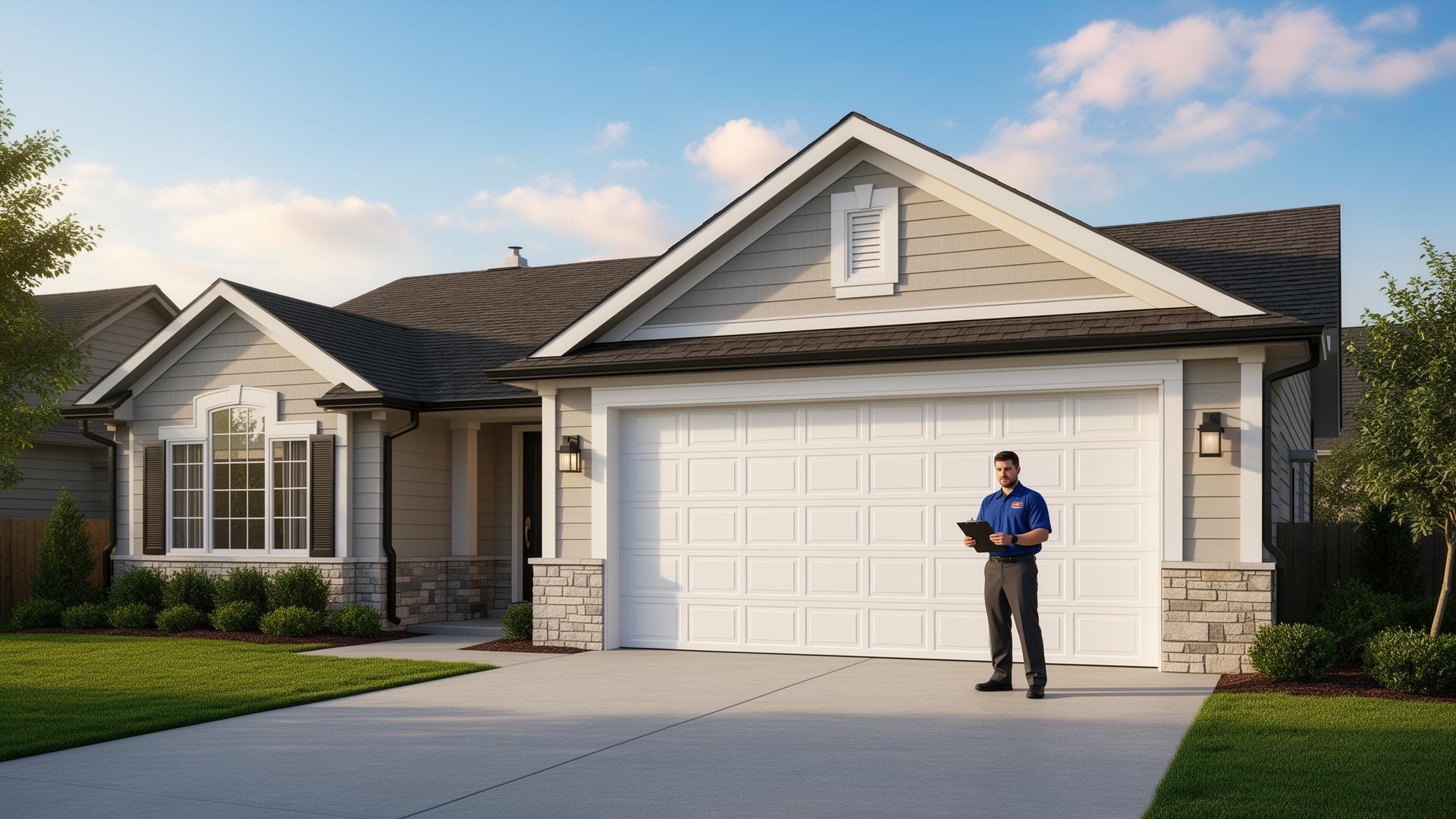 Professional garage door service technician inspecting a residential garage door in Palmetto, Florida